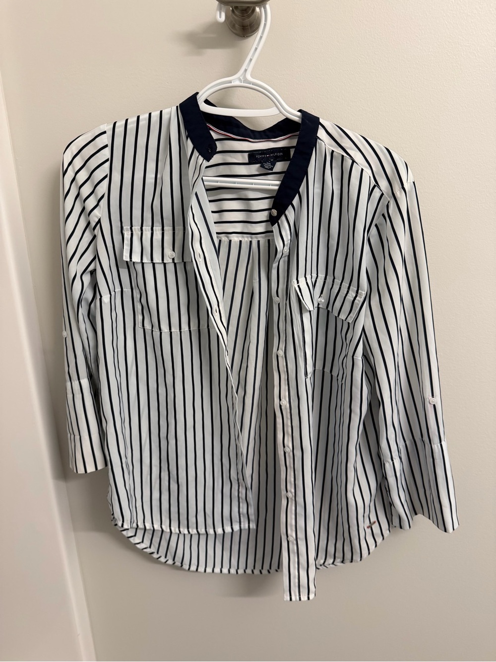 Classic Tommy Hilfiger Black & White Vertical Stripe Button-Up Shirt